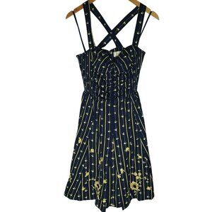 Moulinette Soeyrs Ruched Martin Bird Print Floral Pockets Dress Size 4 Black Y2K